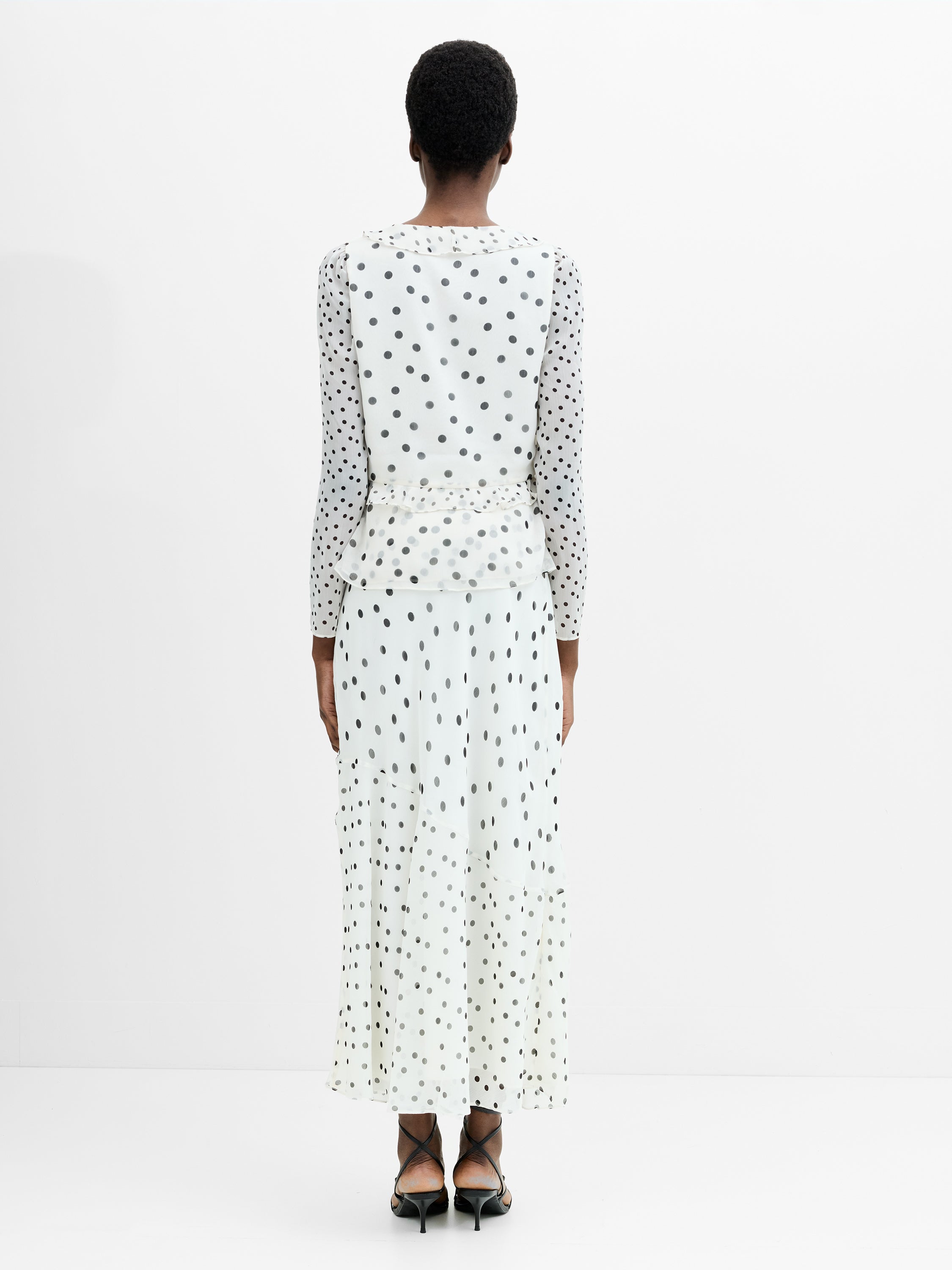 Emina Chiffon Monochrome Polka Dot Ruffle Top