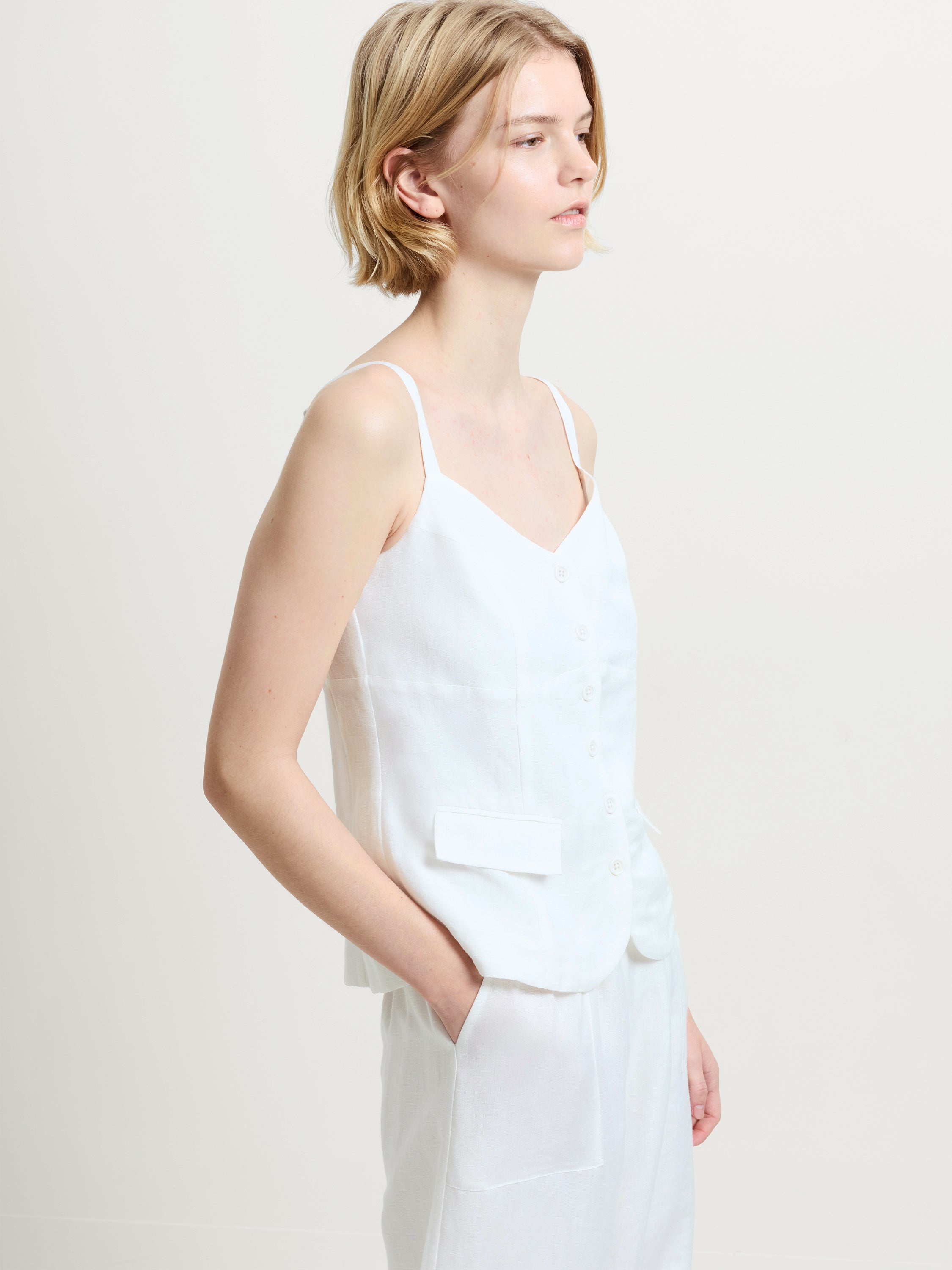 Cooper Linen Tailored Button Front White Cami Top