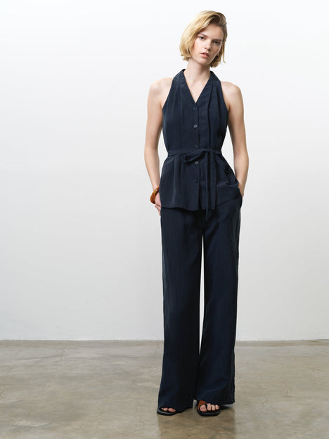 Melina Navy Belted Halterneck Top
