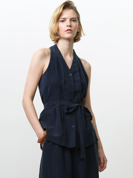 Melina Navy Belted Halterneck Top