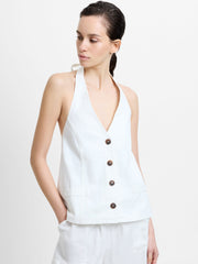 Keller Cotton Twill Button-Down White Halterneck Top