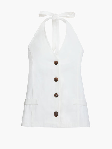 Keller Cotton Twill Button-Down White Halterneck Top