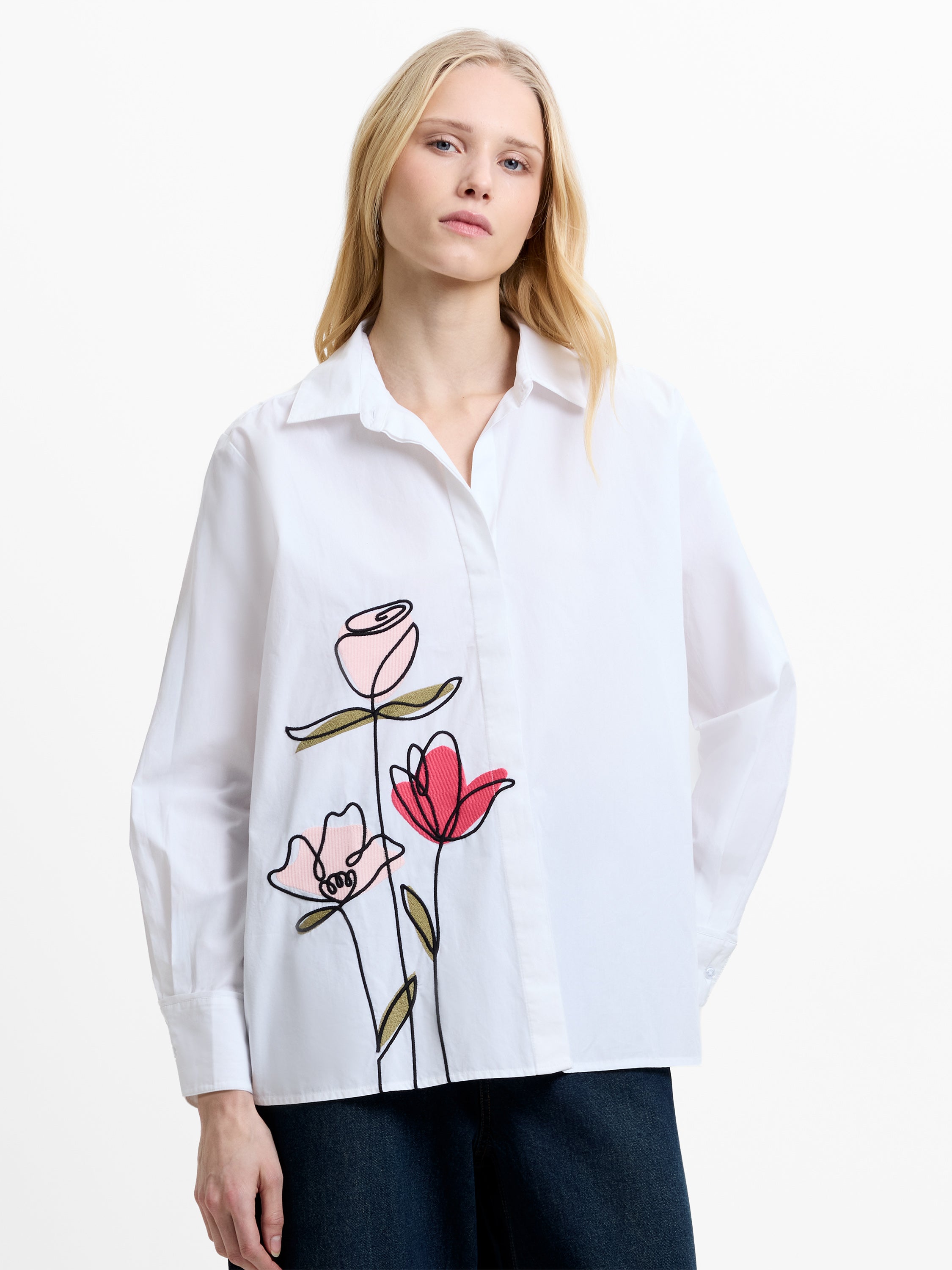 Cambria Cotton Floral Embroidered White Shirt