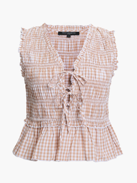 Rhodes Poplin Gingham Smocked Tie Up Peplum Top