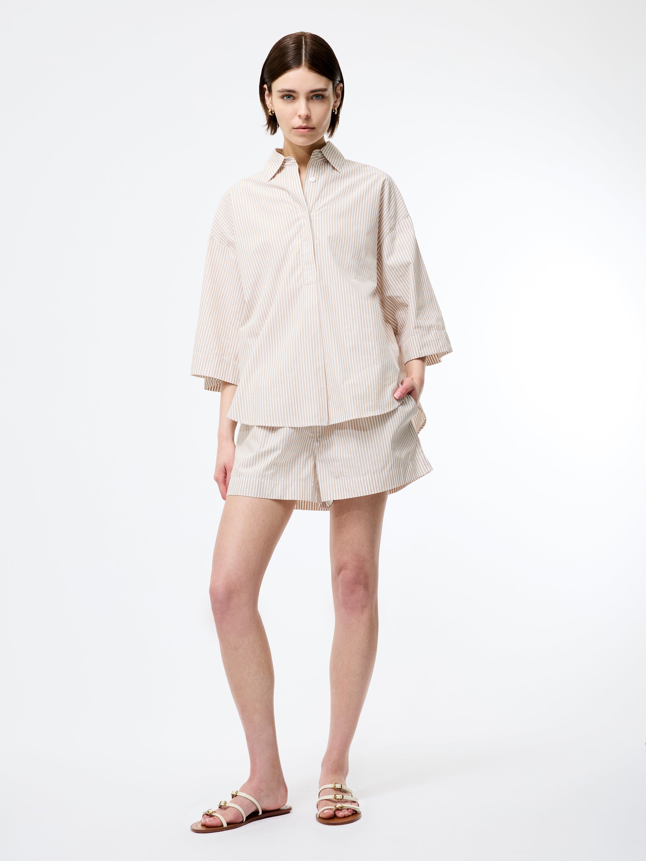 Rhodes Poplin Stripe Popover Shirt Incense/Porcelain Cream