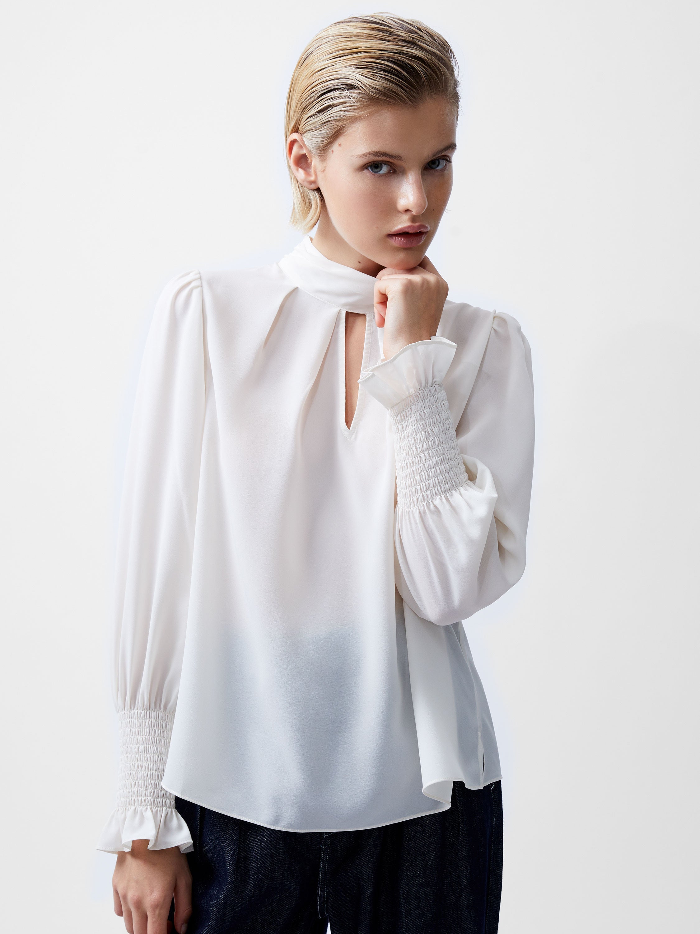 Crepe Light High Neck Long Sleeve Top