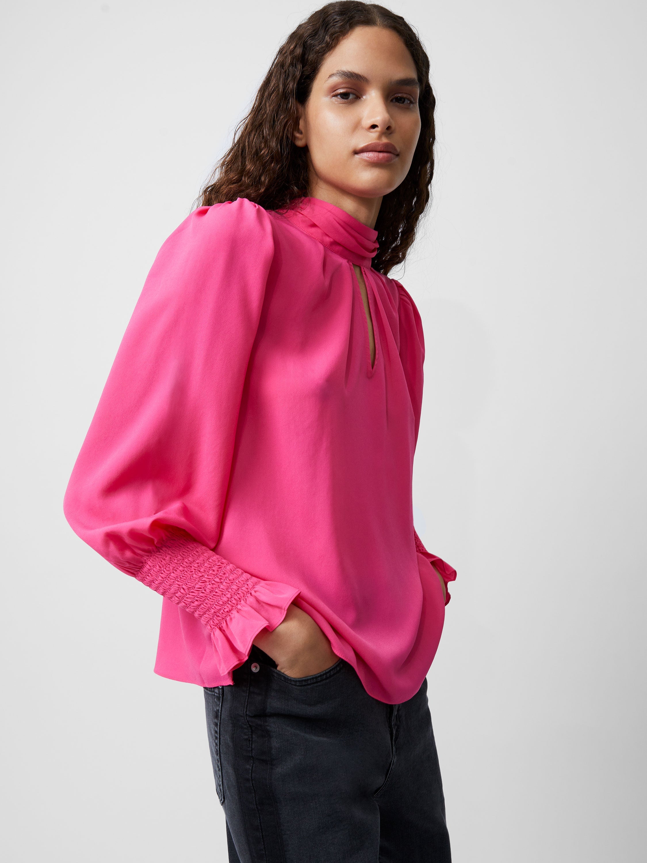 Crepe Light High Neck Long Sleeve Top