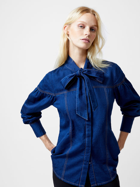 Zaves Chambray Tie Neck Button Up Shirt