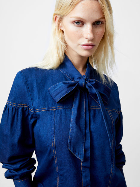Zaves Chambray Tie Neck Button Up Shirt