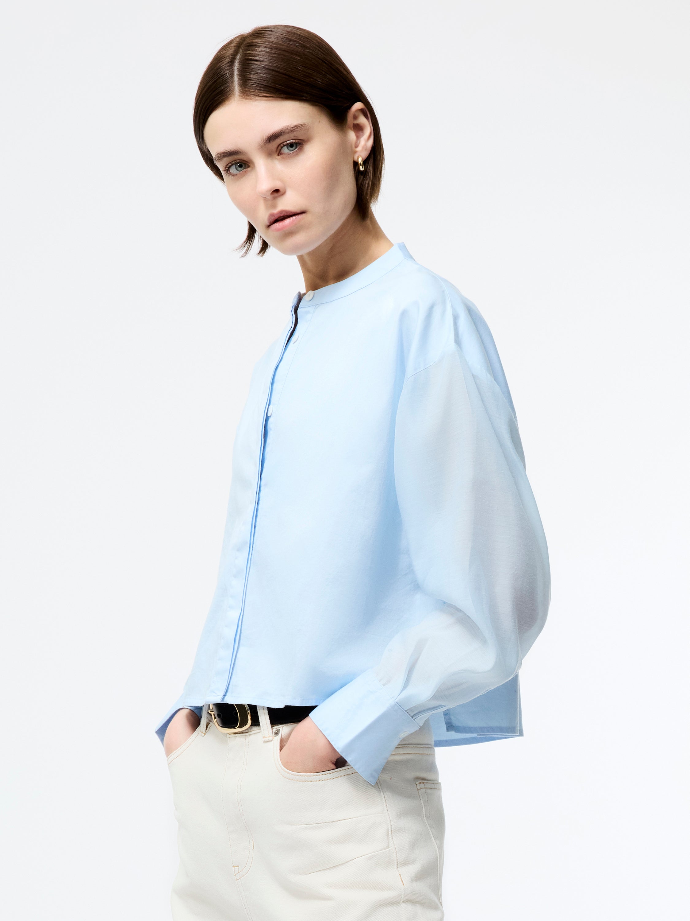 Alexis Cotton Sheer Sleeve Shirt Sky Blue | French Connection EU