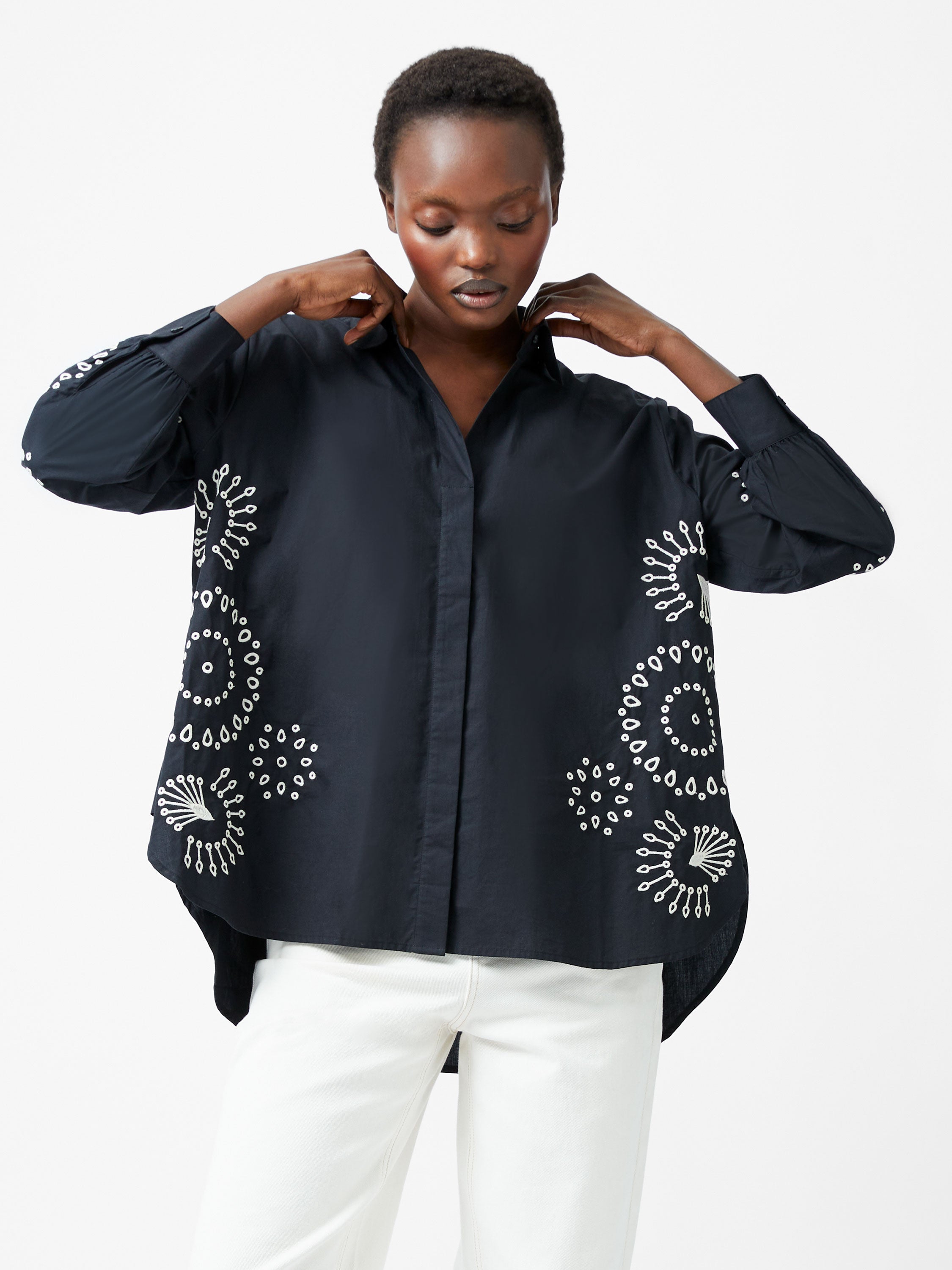 シャツ+ブラウス(長袖+七分) mame - mame Botanical Embroidery Blouse Marigold Blouse in Jade Silk Crepe de Chine | Shop Ann Mashburn