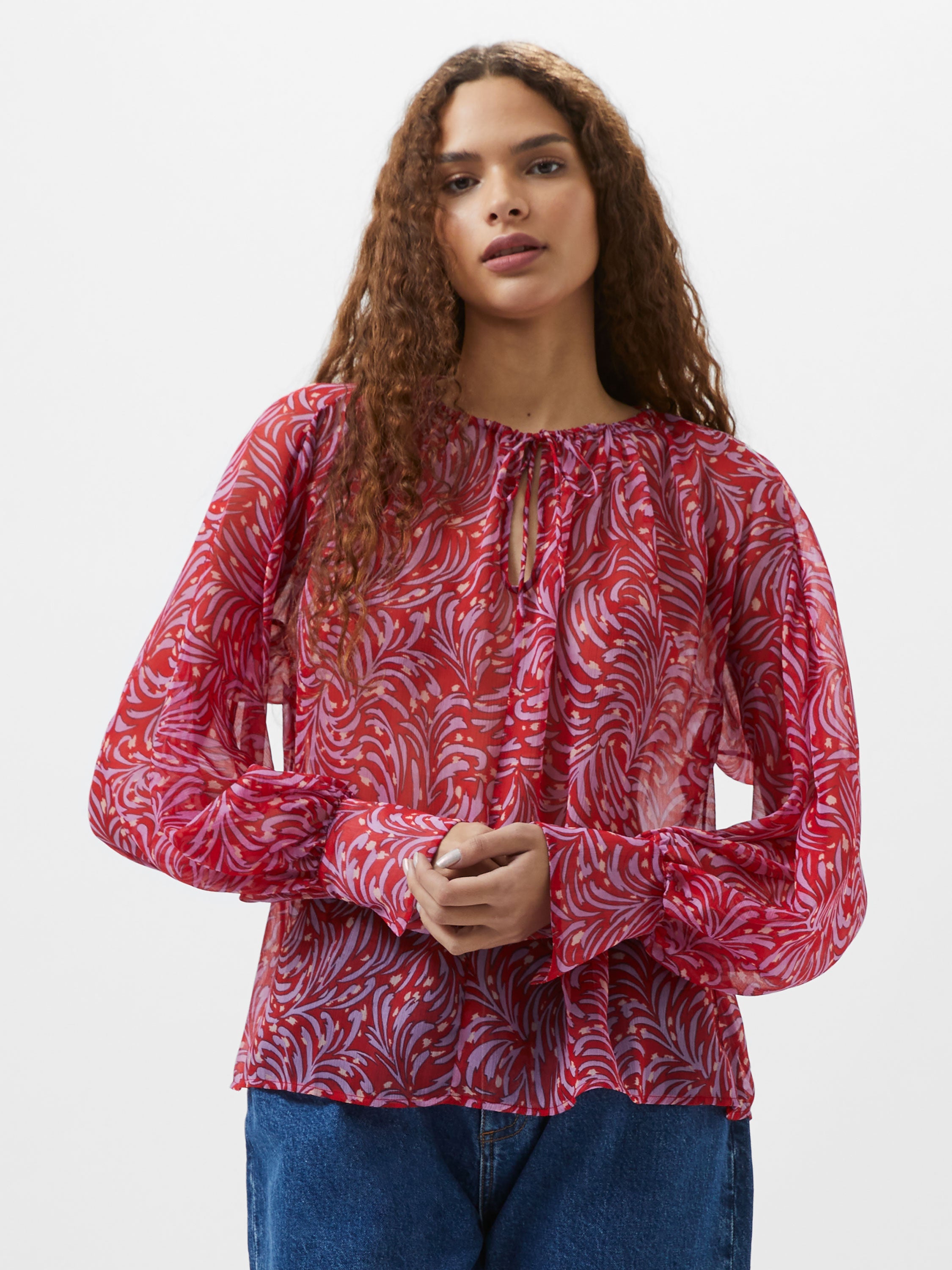 Printed Chiffon Keyhole Long Sleeve Top