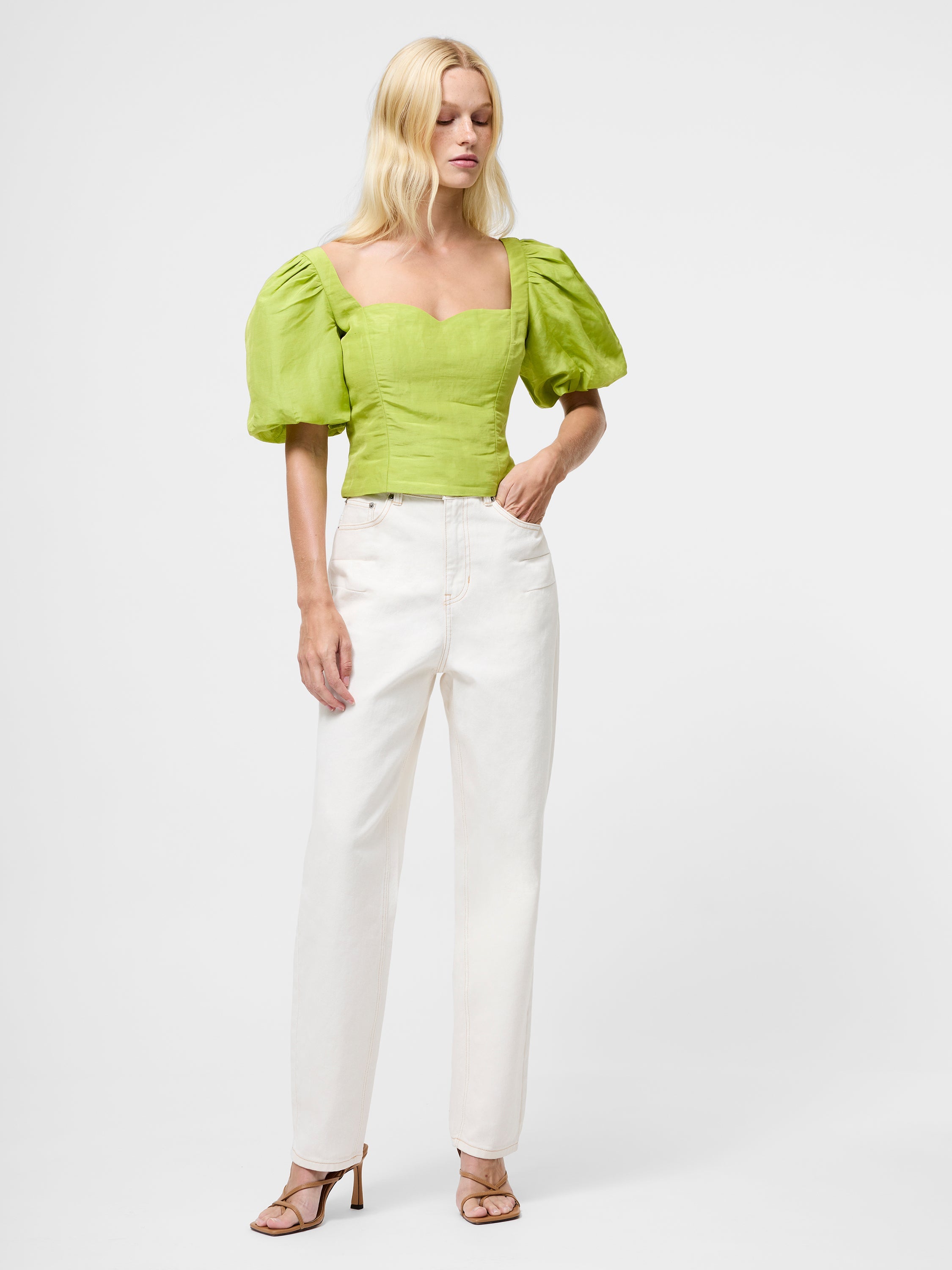 Islay Linen Puff Sleeve Cropped Top