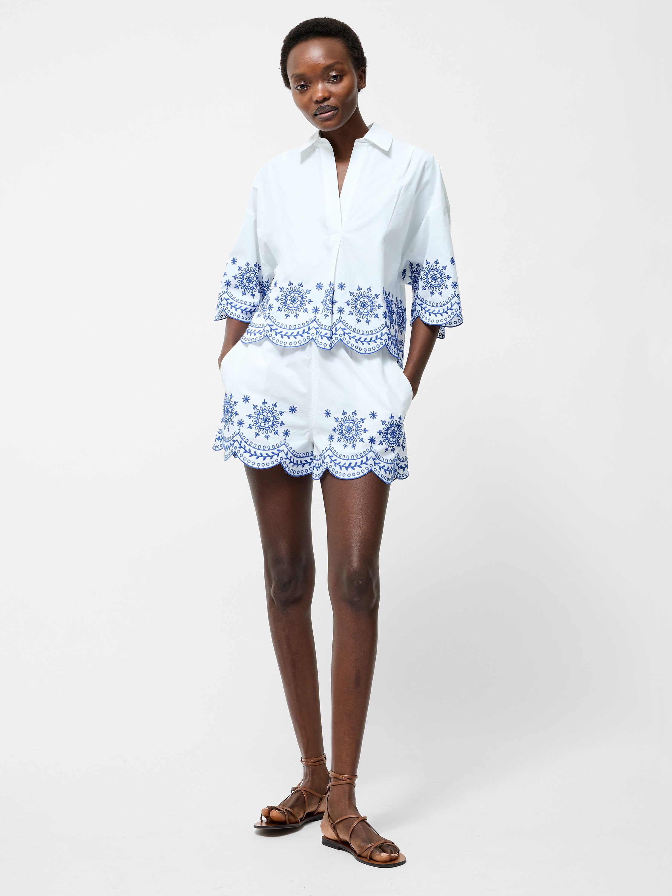 トップス Eaphi EMBROIDERY SHORT SLEEVE SHIRTS Embroidered Hem Popover Short Sleeve Shirt Linen White Multi