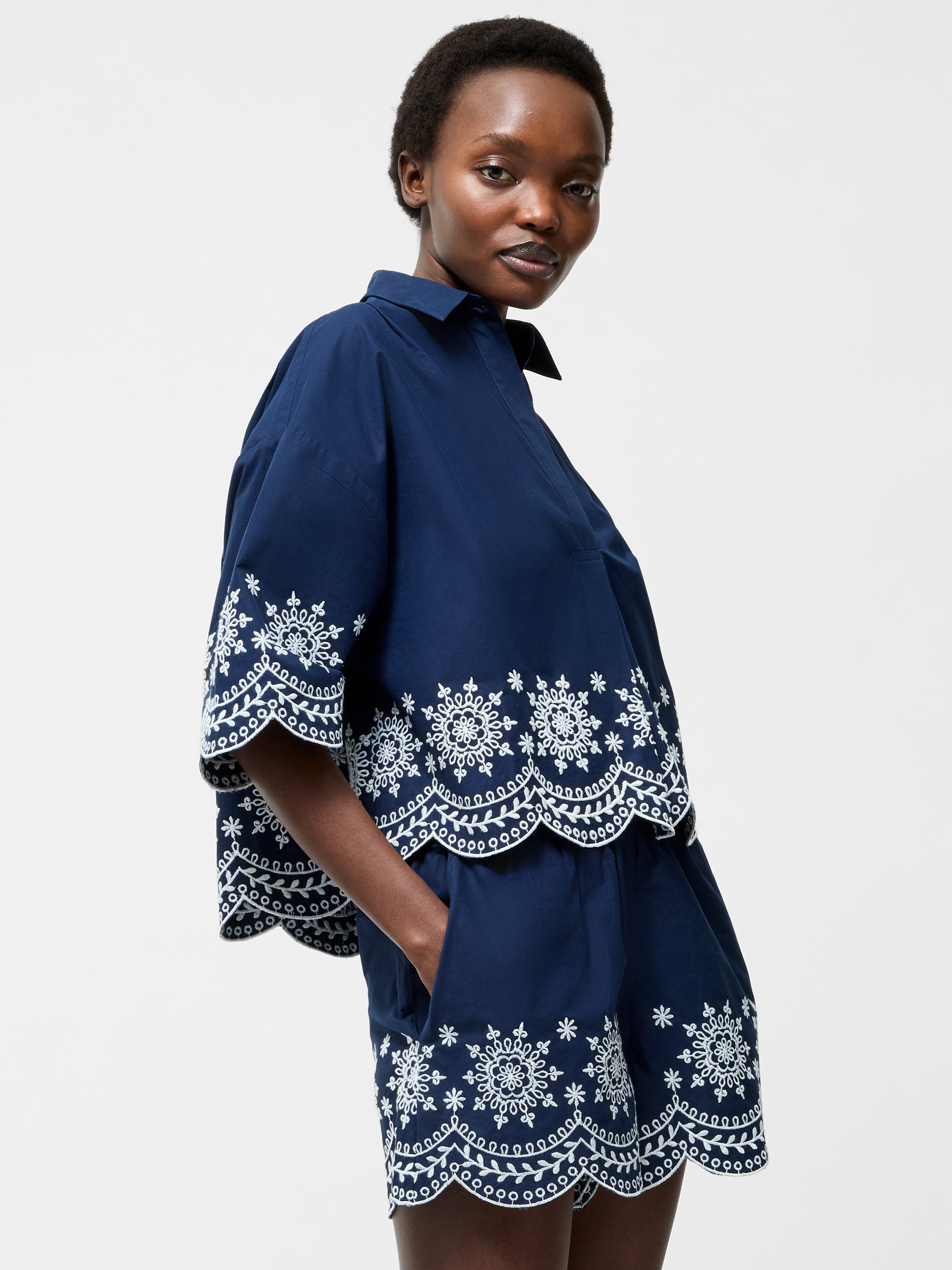 Embroidered Hem Popover Short Sleeve Shirt Midnight/Linen White Embroidered Hem Popover Short Sleeve Shirt Midnight/Linen White