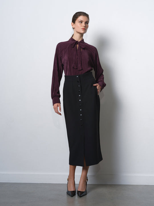 Rylah Plisse Long Sleeve Tie Neck Shirt