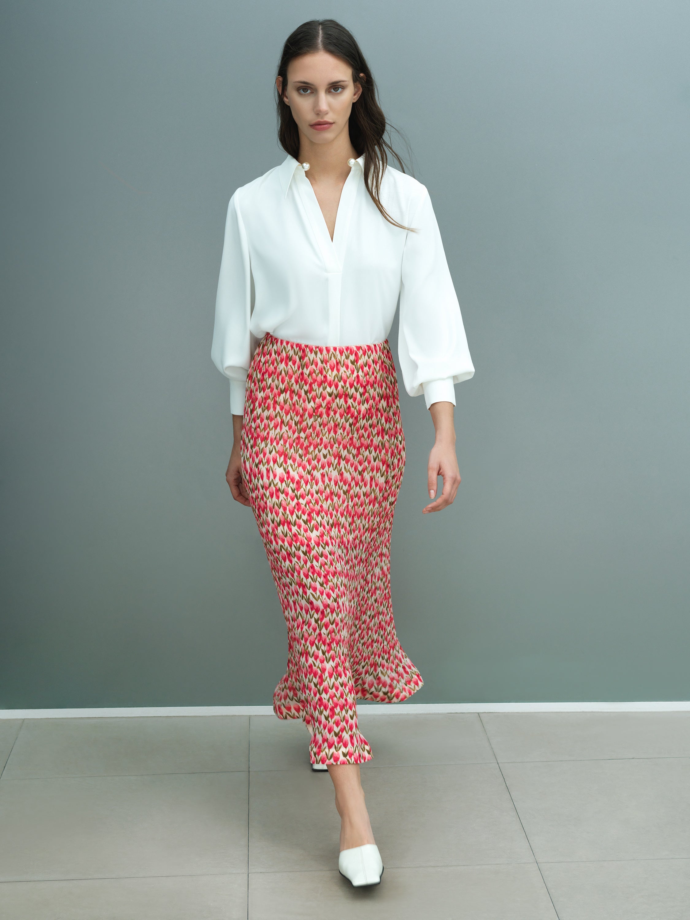 Noelle Floral Plisse Fluted Hem Midi Skirt
