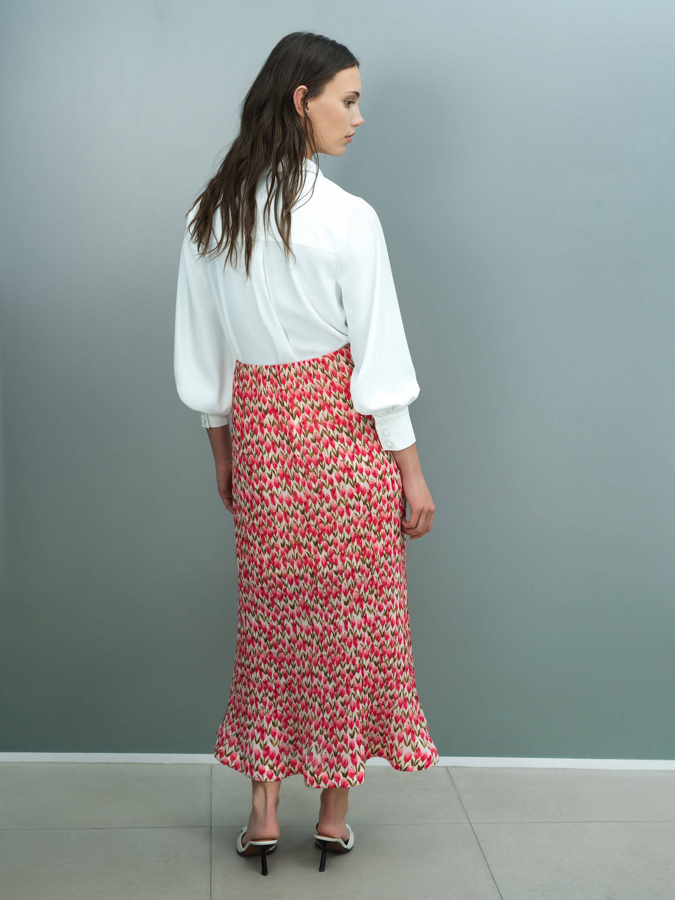 Noelle Floral Plisse Fluted Hem Midi Skirt