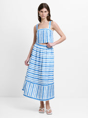 Structured Taffeta Blue Shell Print Midi Skirt