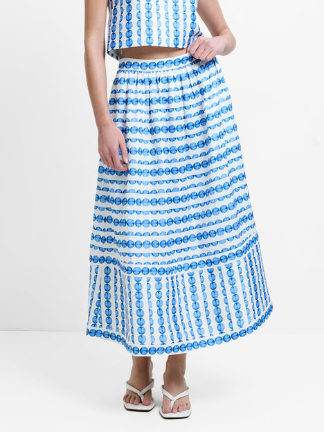 Structured Taffeta Blue Shell Print Midi Skirt