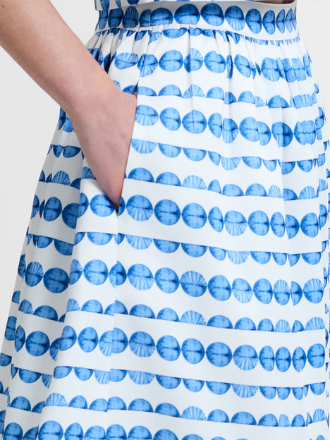 Structured Taffeta Blue Shell Print Midi Skirt