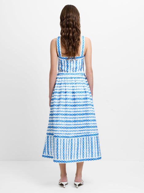 Structured Taffeta Blue Shell Print Midi Skirt