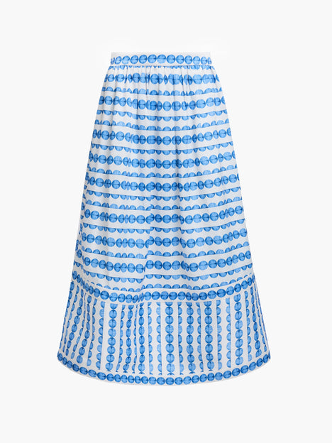 Structured Taffeta Blue Shell Print Midi Skirt