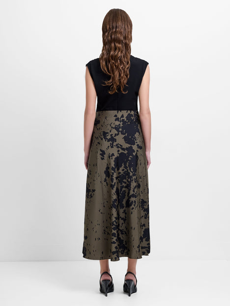 Aria Satin Khaki Green Floral Midi Skirt