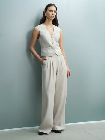 Misha Tailored Pleated Beige Wide Leg Trousers