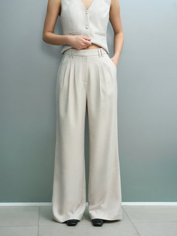 Misha Tailored Pleated Beige Wide Leg Trousers
