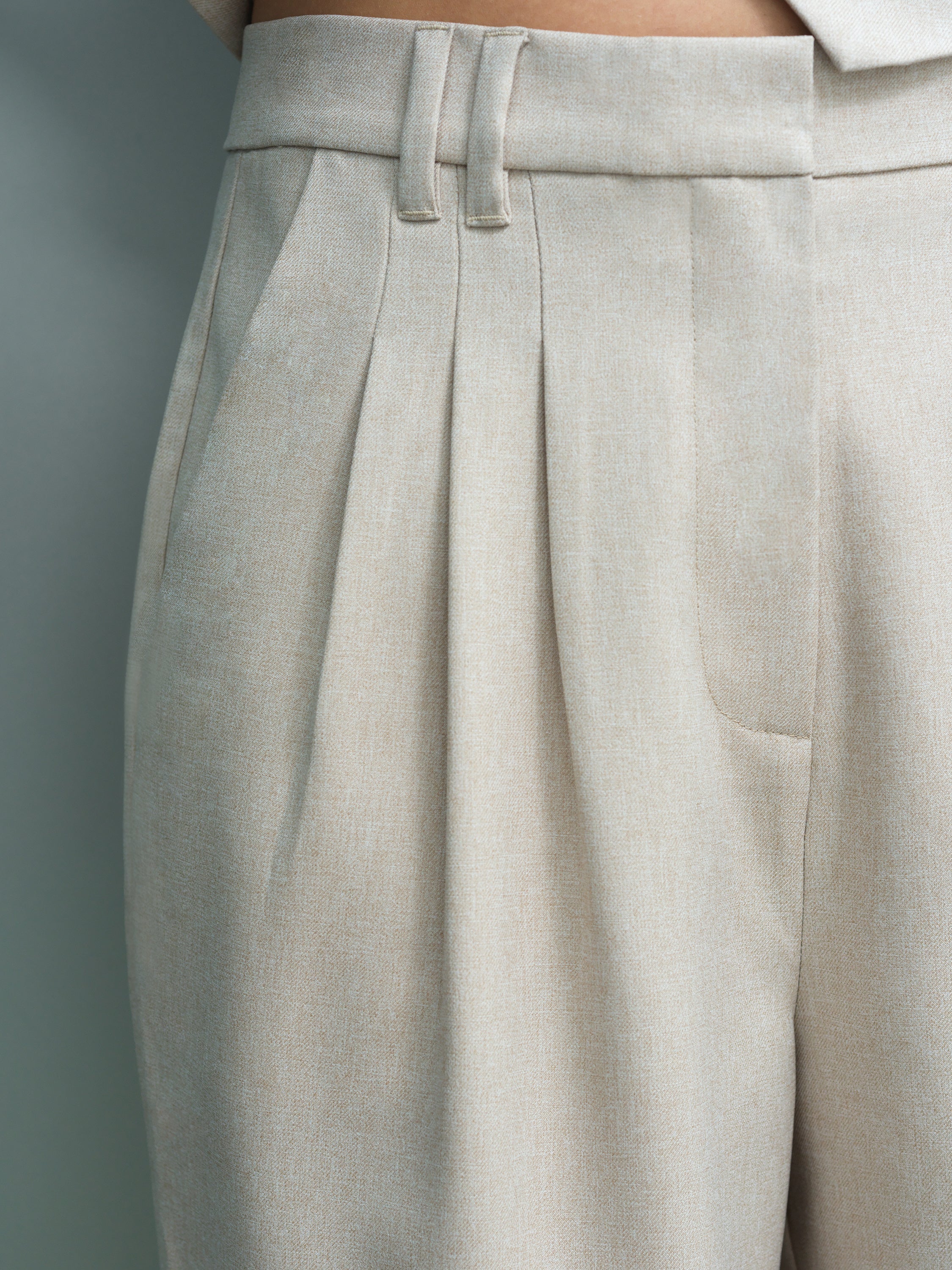 Misha Tailored Pleated Beige Wide Leg Trousers