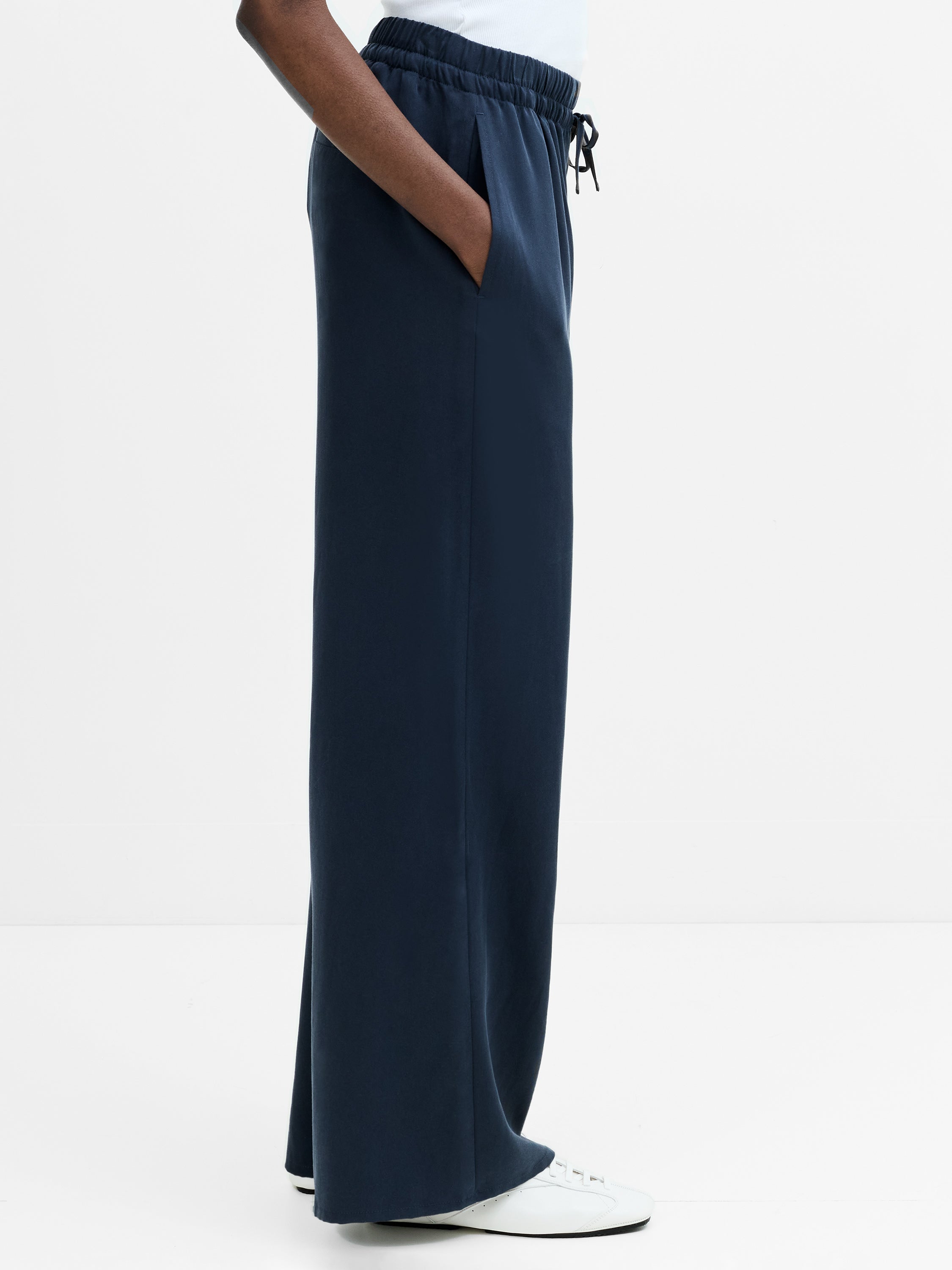 Yassie Pull-On Drawstring Navy Blue Barrel Leg Trousers