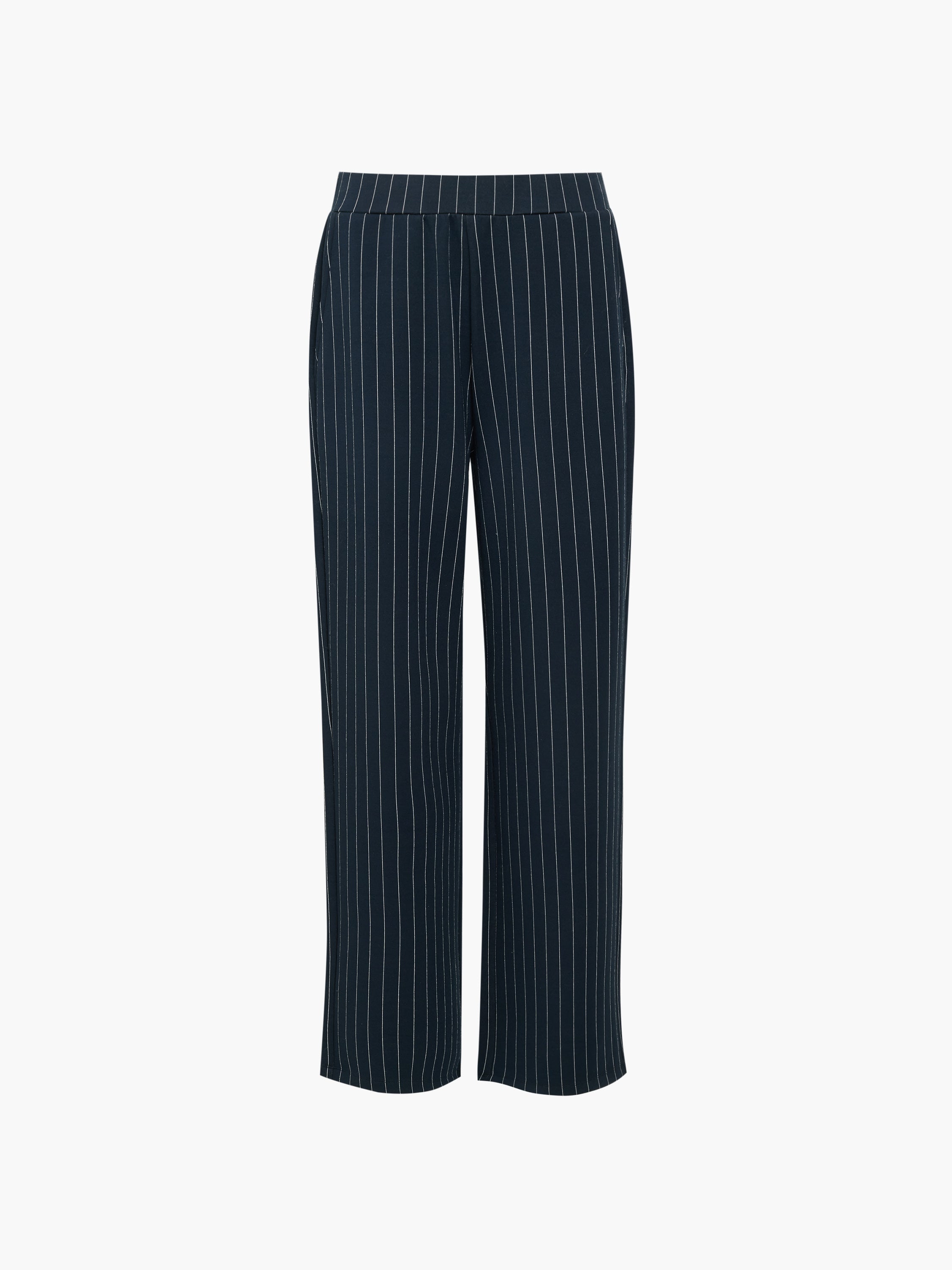 A woman wearing pinstripe navy blue pull-on trousers with an elasticated waist, side pockets and a wide leg full length fit.