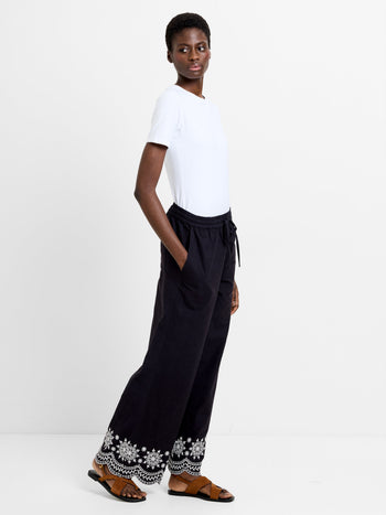 Alissa Cotton Embroidered Hem Trousers