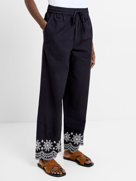 Alissa Cotton Embroidered Hem Trousers
