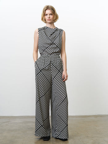 Monochrome Striped Damasco Pull-On Wide Leg Trousers
