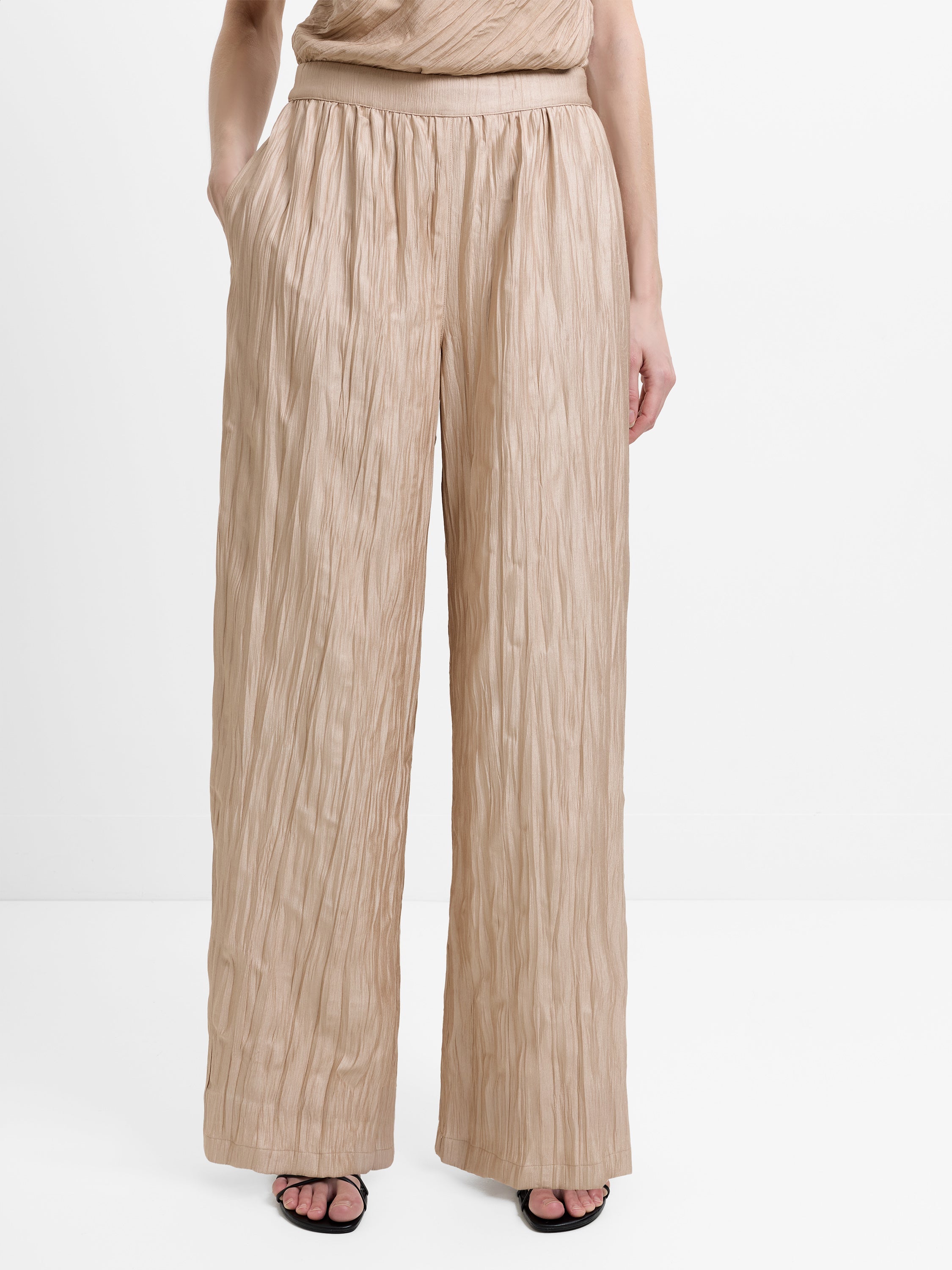 Novie Crinkle Taupe Wide Leg Trousers