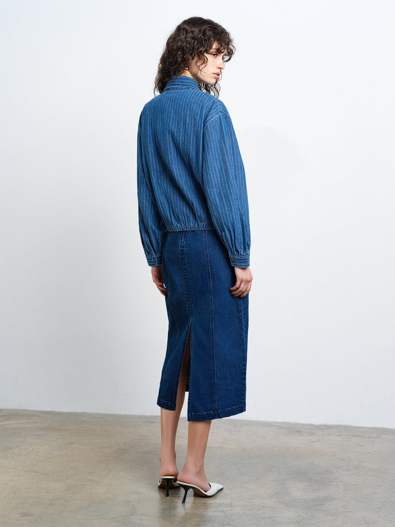 Cherrie Pinstripe Denim Bomber Jacket