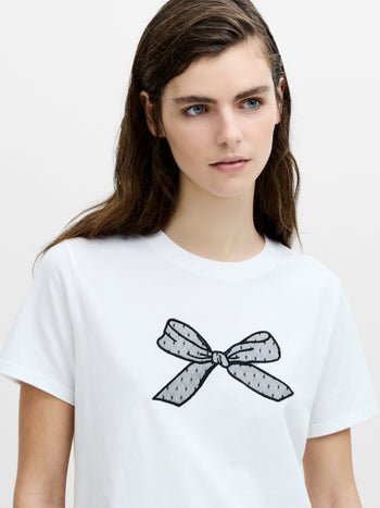 Mesh Bow White Cotton T-Shirt