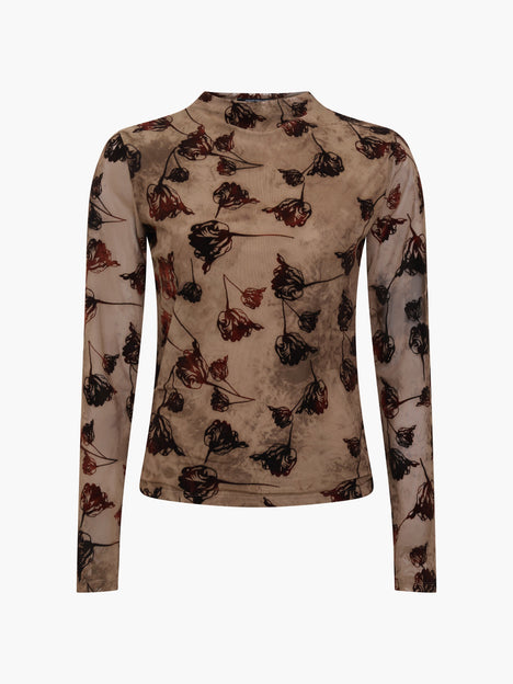 Tia Brown Floral Velvet Devore Mesh Top