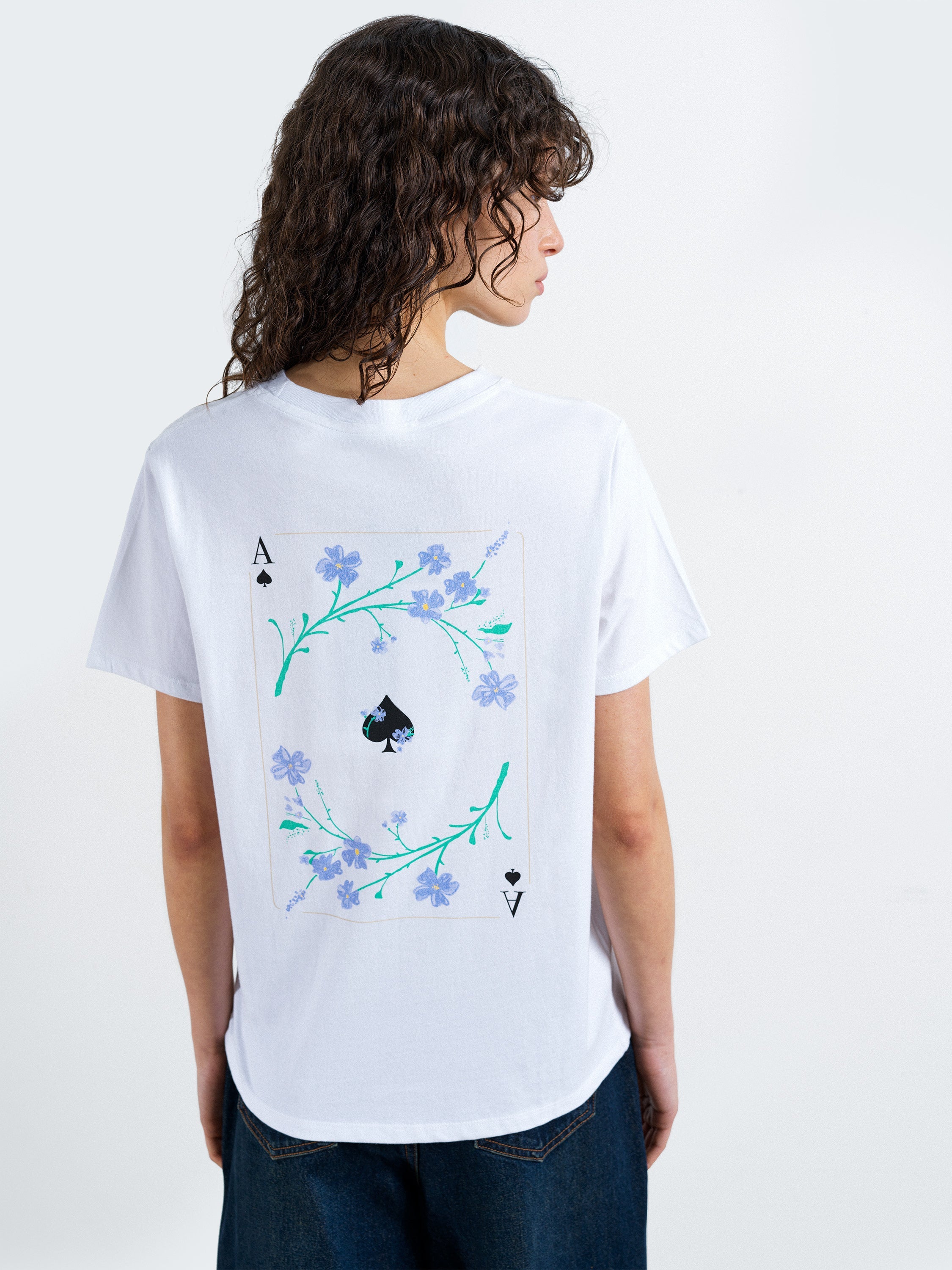 Ace of Spades Floral Embroidered White Graphic T-Shirt