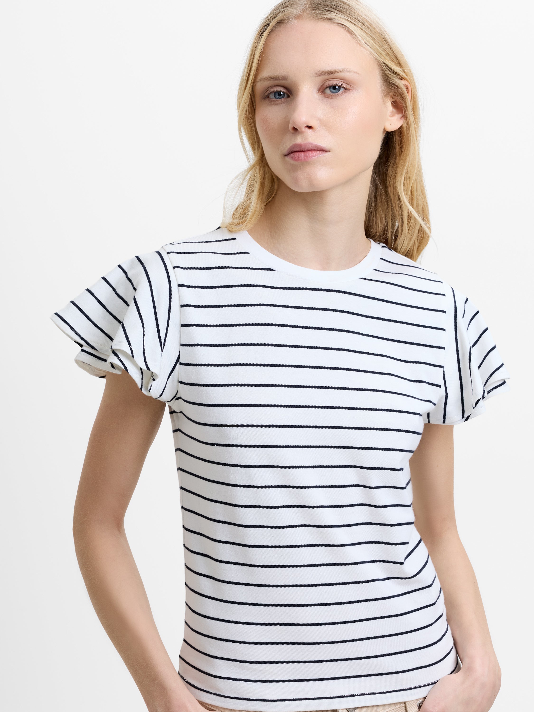 Aliyana Jersey Striped Ruffled Sleeves T-Shirt