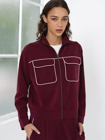Wren Jersey Zip Up Piping Long Sleeve Sweatshirt
