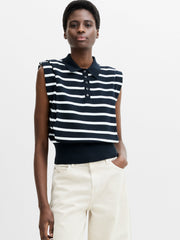 Kea Striped Collared Shoulder Pad Navy Blue Knit Vest