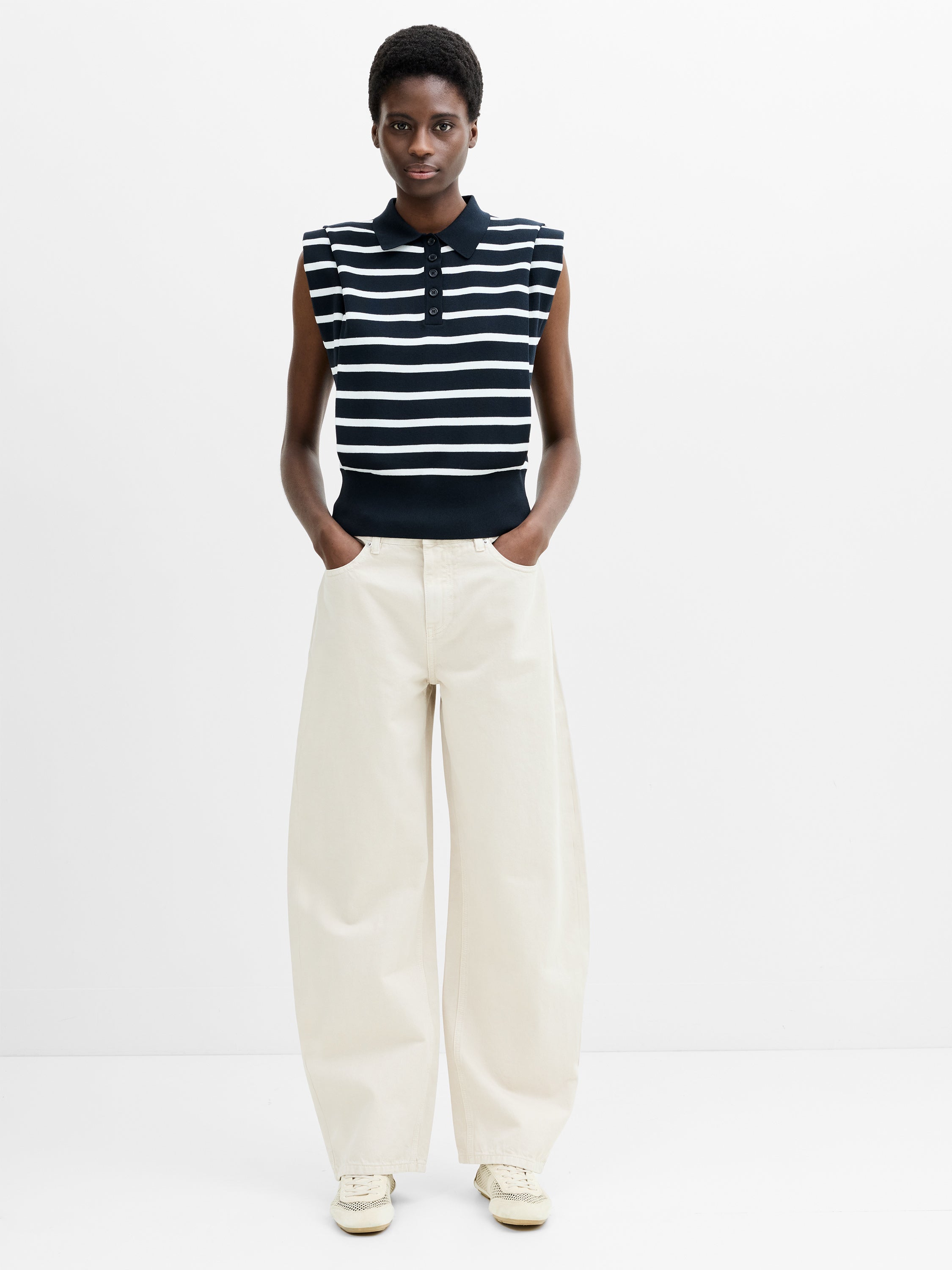 Kea Striped Collared Shoulder Pad Navy Blue Knit Vest