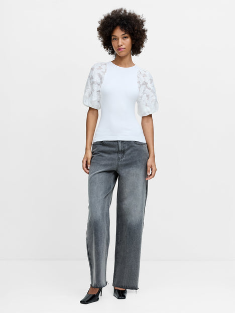 Krista Sheer Jacquard Puff Sleeve White Knit Top