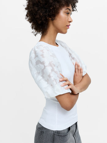 Krista Sheer Jacquard Puff Sleeve White Knit Top