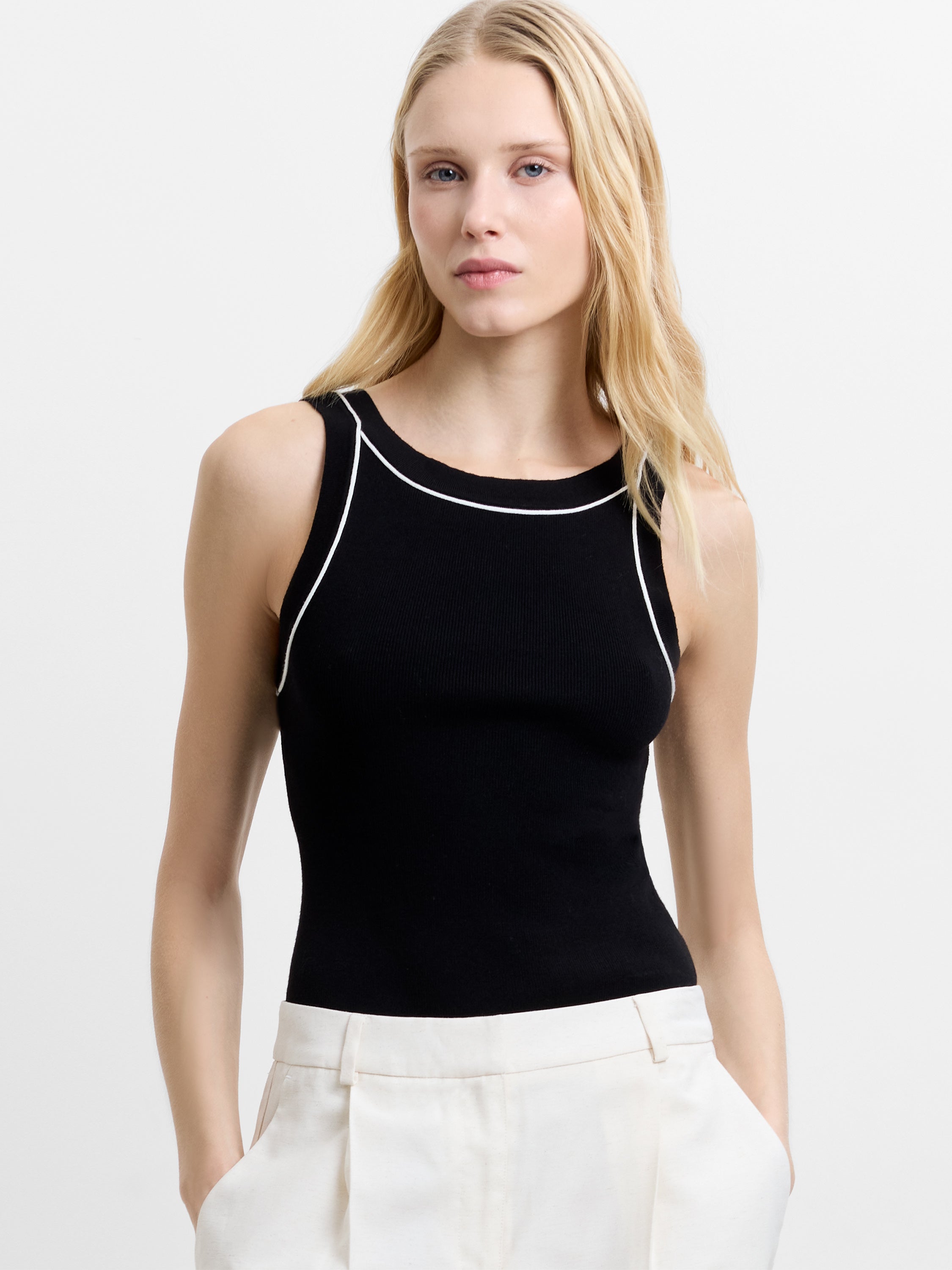 Mozza Contrast Trim Black Knitted Tank Top