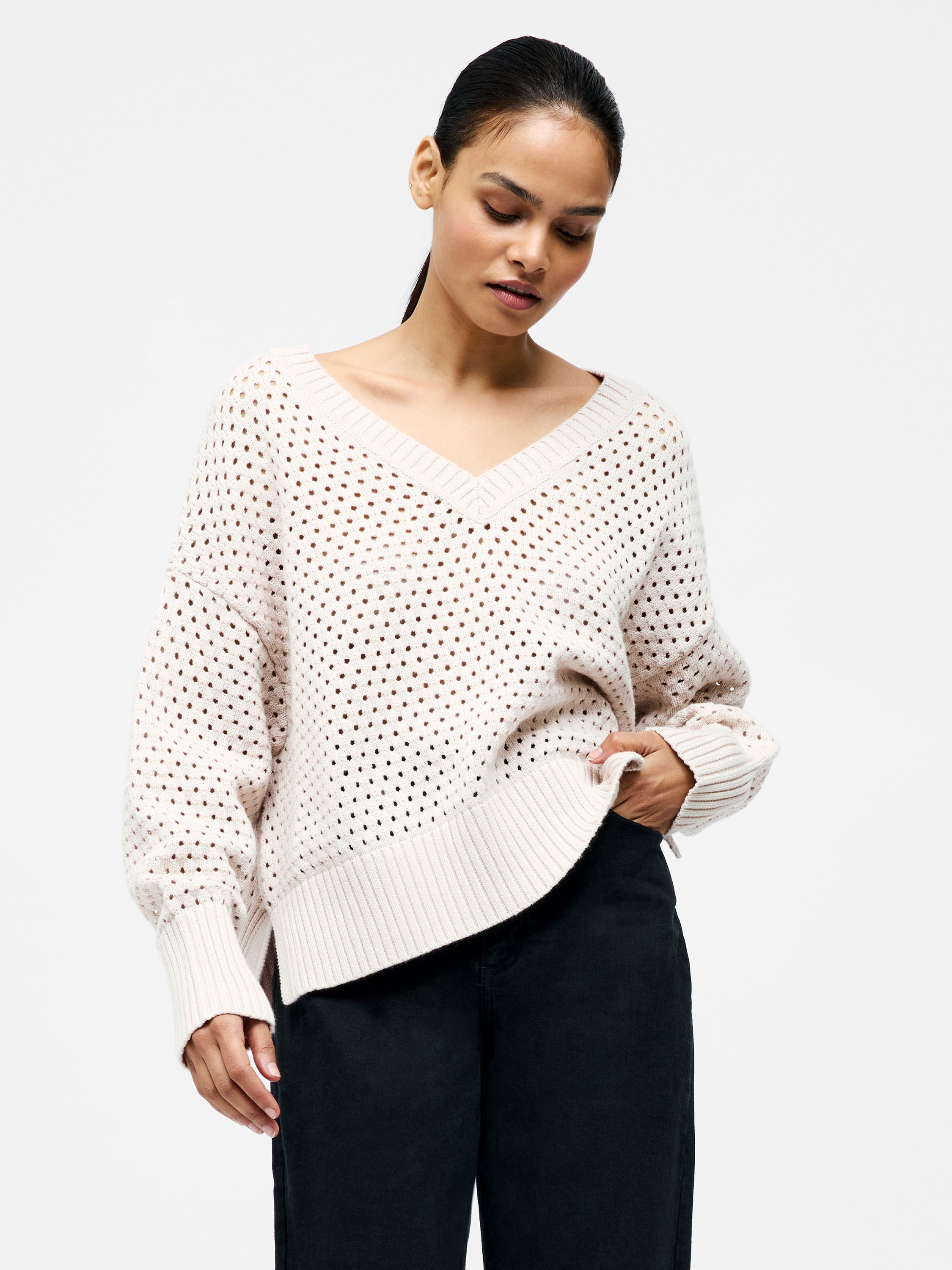 Crochet Knit V Neck Sweater