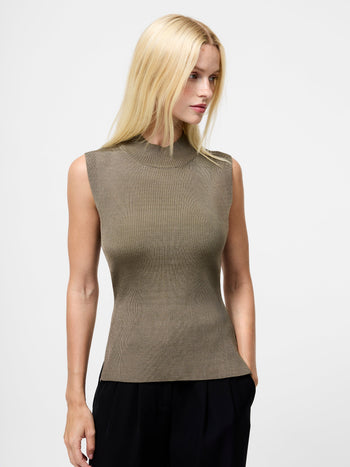 Sleeveless High Neck Ribbed Jumper